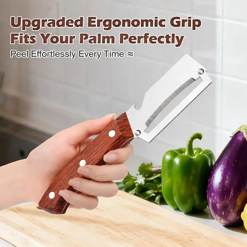 Multi Functional Vegetable Peeler for Kitchen,Wooden Handle, Potato Fruit Peeler with Bottle Opener Function, Durable Kitchen Helper