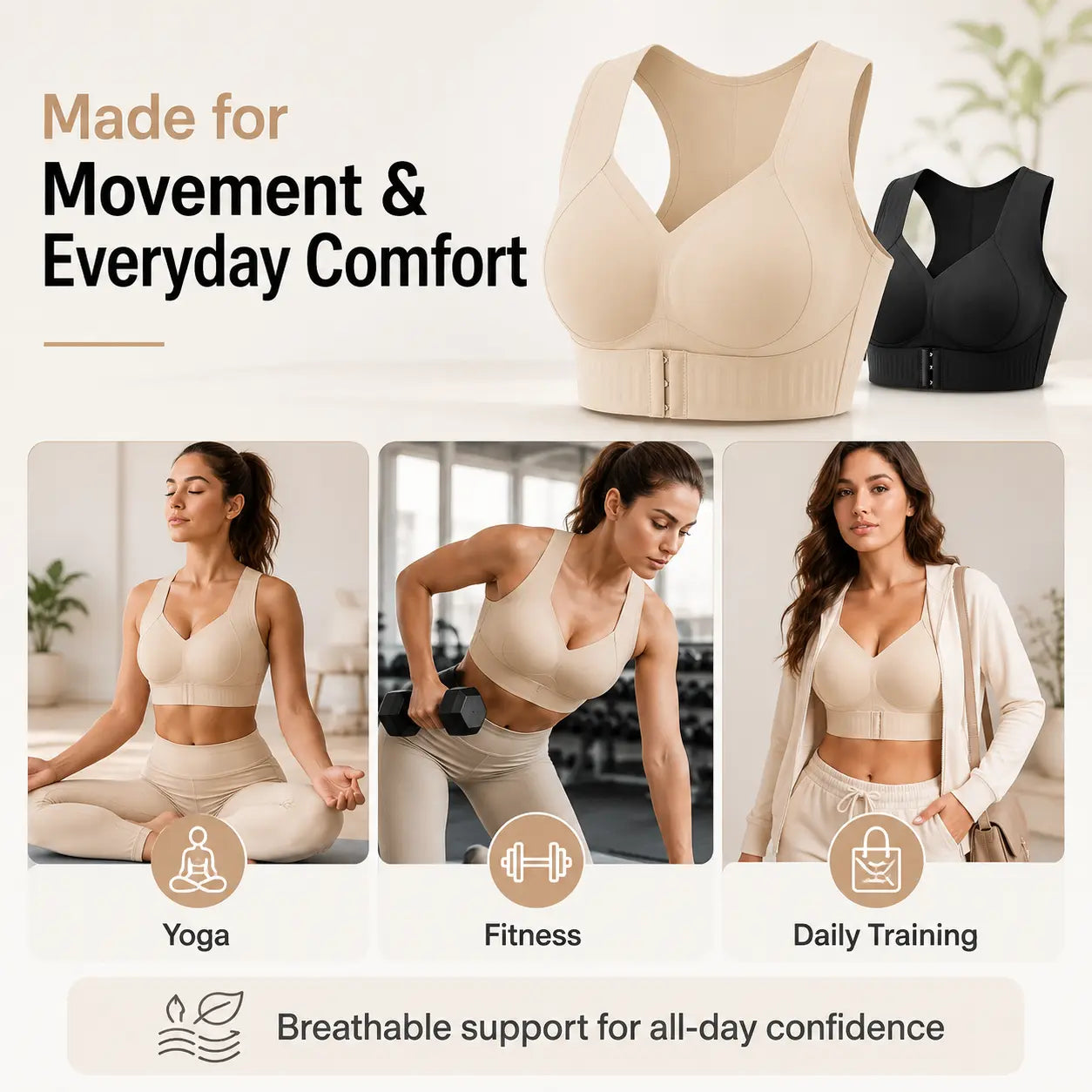 🔥Limited Time-49% OFF🔥【Postural correction】Women’s Beige Wireless Support Bra | Soft Breathable Yoga & Daily Wear Bra