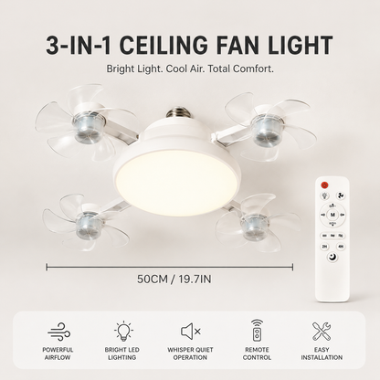 🌀New E27 Socket Ceiling Fan Light – 2‑in‑1 Silent LED Fan with Remote Control, Energy‑Saving Cooling & Lighting Combo for Home Bedroom