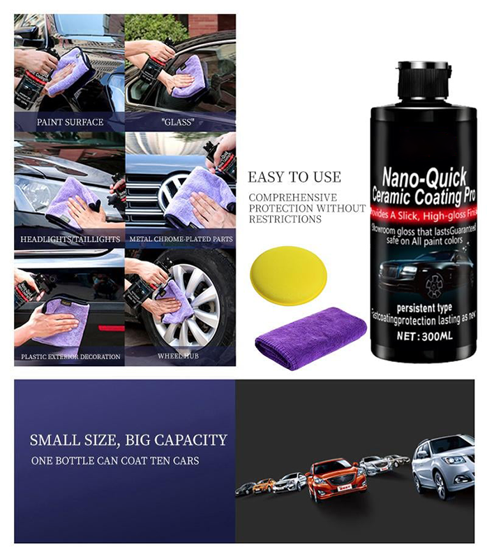 Automotive nano-ceramic coating features dust-repellent and hydrophobic properties, along with a long-lasting shine.