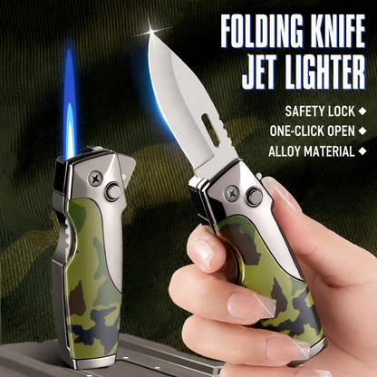 2-in-1 Windproof Jet Lighter with Folding Knife and Safety Lock