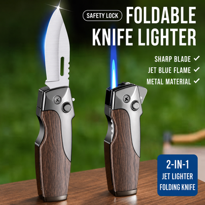 2-in-1 Windproof Jet Lighter with Folding Knife and Safety Lock