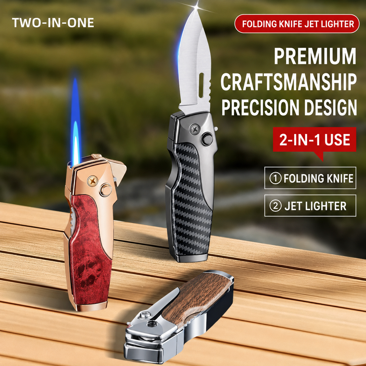 2-in-1 Windproof Jet Lighter with Folding Knife and Safety Lock