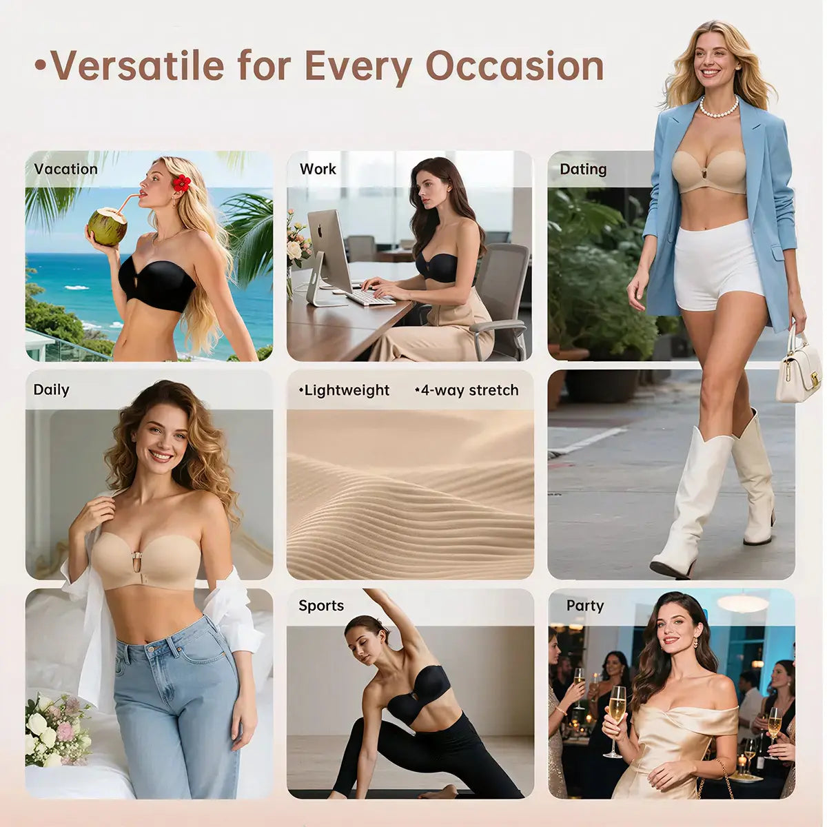 Women's Strapless Push Up Bra with Anti-Slip Technology