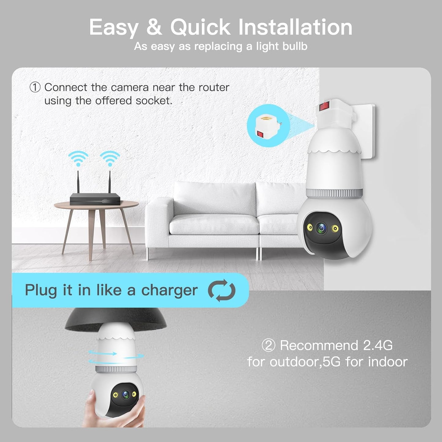 4MP Light Bulb Security Camera 5G&2.4GHz Wireless Outdoor Indoor Camera with Night Vision